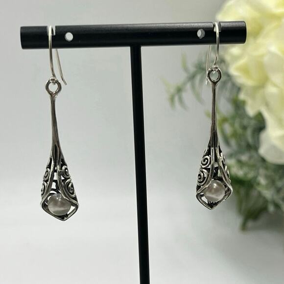 Sterling Silver .925 Calla Lily White Pearl Drop Dangle Pierced Earrings - Picture 2 of 11